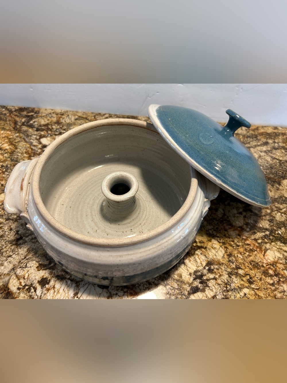 Studio Art Pottery Steamer Pot Lidded Dish Glazed Stoneware Handles Blue+Beige.